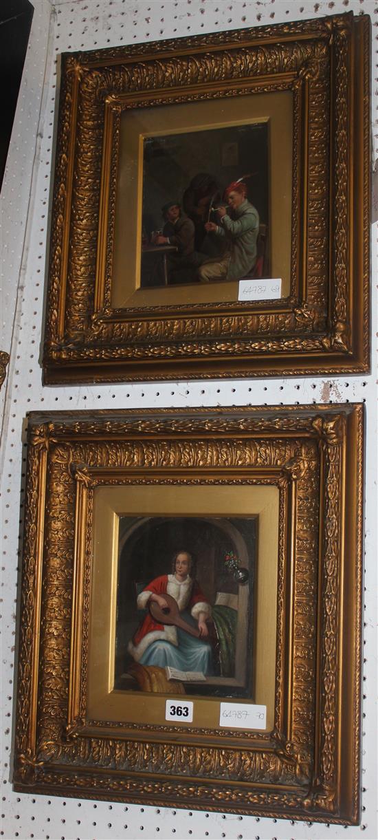 Continental School (19C), oil on panel, Interior scene with a lady playing a lute, indistinctly signed